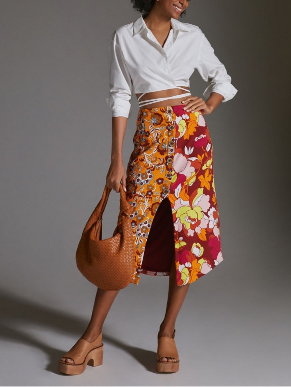 Maeve Anthropologie Button Front Cutout Floral Midi Skirt XS